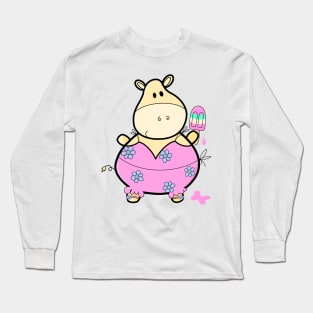 Cute chubby hippo with rainbow popsicle Long Sleeve T-Shirt